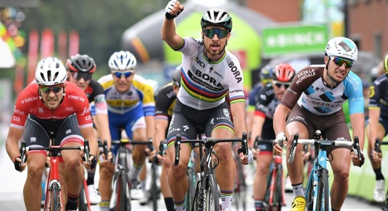 Slovakia's Peter Sagan of Bora-Hansgrohe (C) celebrates as he crosses the finish line to win at the end of the third stage of the BinckBank Tour 2017, 185 km from Blankenberge to Ardooie in Belgium, on August 9, 2017