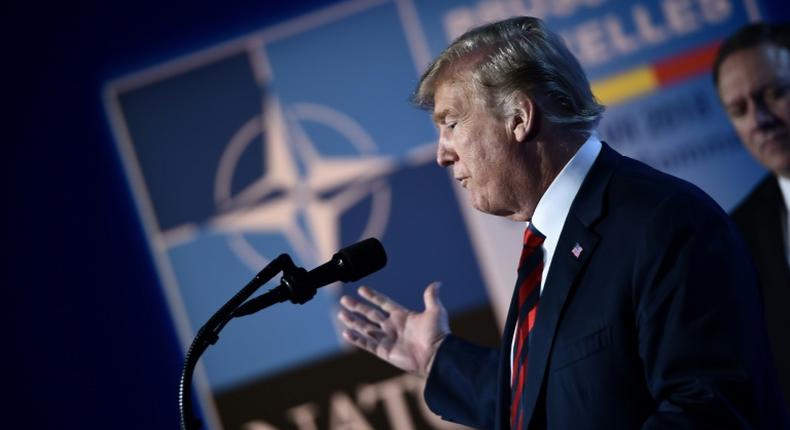 US President Donald Trump gestures at the July 2018 NATO summit in Brussels