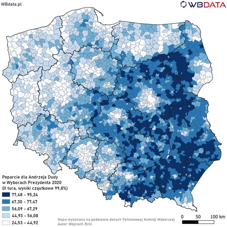 Poparcie dla Andrzeja Dudy na podstawie danych PKW z 99,8 proc. komisji