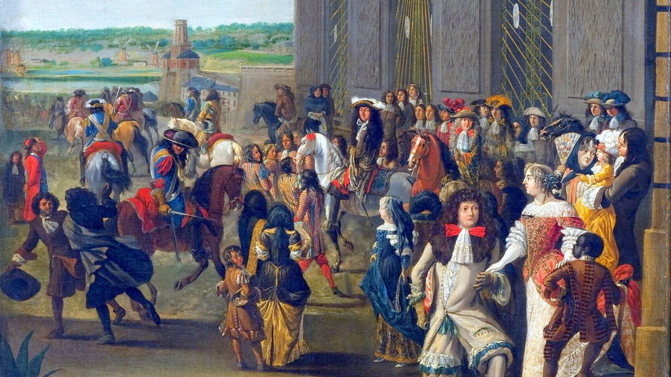 Ludwik XIV i jego dwór na obrazie nieznanego artysty.