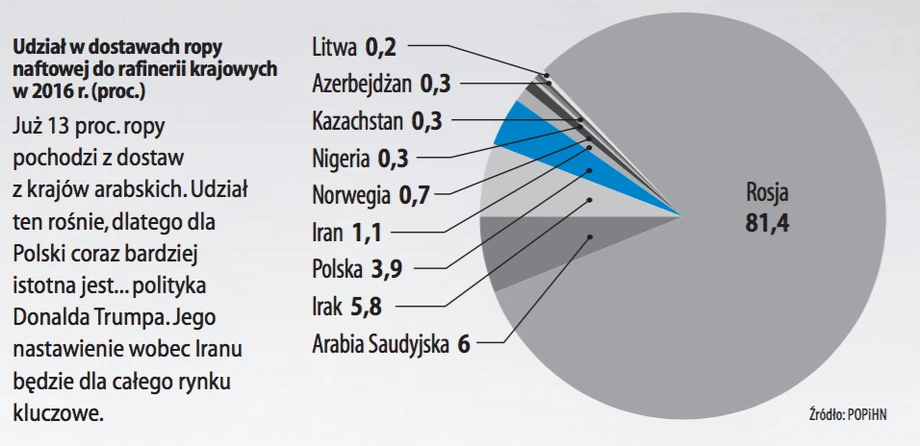 Udział w dostawach ropy naftowej do rafinerii krajowych w 2016 r.