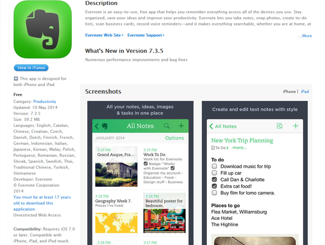 <b>Evernote</b>
<br><br>
Osobisty notatnik, który umożliwi tworzenie zapisków w formie tekstowej, graficznej, jak również dźwiękowej. Tak stworzone notatki zapisywane są w chmurze, dzięki czemu mamy do nich dostęp z każdego miejsca i na każdym urządzeniu, z którego korzystamy. Twórcy co jakiś czas rozbudowują Evernote'a o kolejne przydatne funkcje.