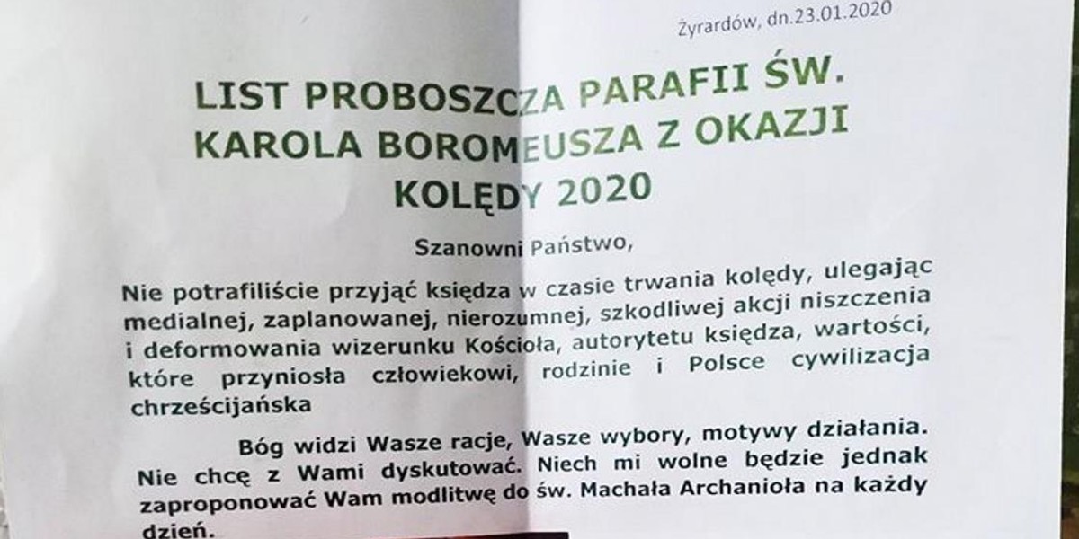 Nie przyjęli księdza po kolędzie, więc napisał do nich proboszcz