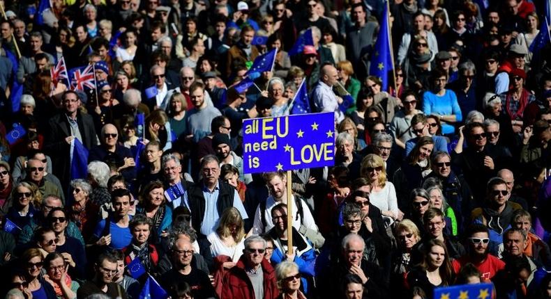 People attend a pro-Europe demonstration in Berlin as a growing number of Germans fed up with eurosceptics hogging the headlines march to express their support for the EU