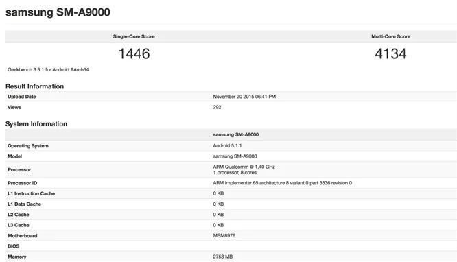 Samsung Galaxy A9 SM-A9000 dostrzeżony w bazie Geekbench