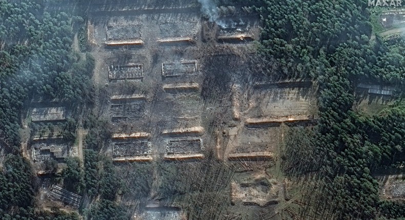 Destroyed ammunition storage buildings at Oktyabrsky on September 22.Satellite image 2024 Maxar Technologies.