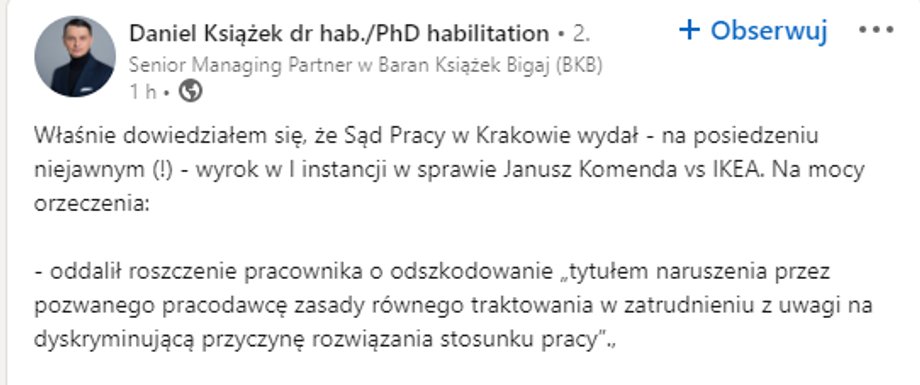 O sprawie pracowniczej poinformował mec. Daniel Książek