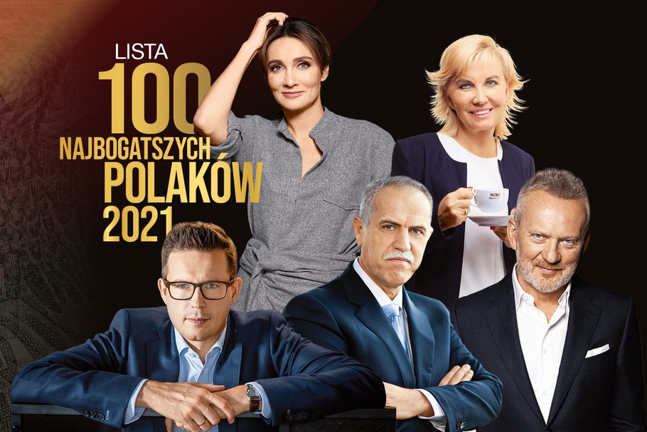 Lista 100 Najbogatszych Polaków 2021. U góry od lewej: Dominika Kulczyk, Teresa Mokrysz, Przemysław Gacek, Zygmunt Solorz, Arkadiusz Muś