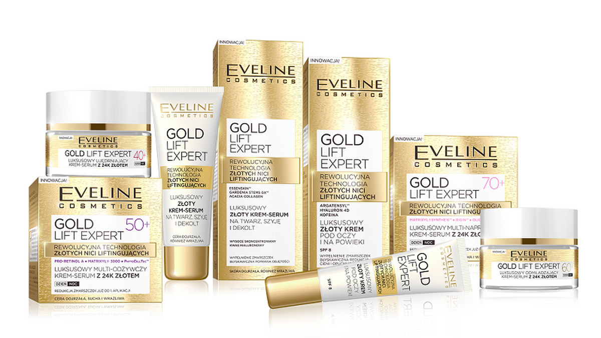 Eveline Gold Lift Expert to nowa linia produktów ze złotem. Unikatowe kosmetyki, które zostały tak skomponowane aby swoją skutecznością mierzyć się z zabiegami o charakterze profesjonalnym. Użyto w nich odmładzające właściwości 24-karatowego złota, które za sprawą swoistych technologii zostaje wraz z kremem dostarczone do skóry i zaczyna inicjować procesy odnowy i rewitalizacji.