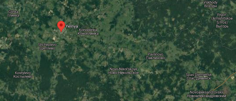 Jelnia leży ok. 200 km od granicy z Ukrainą (Google Maps)