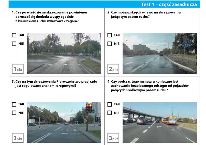 Oto zasady przeprowadzania części teoretycznej egzaminu wewnętrznego: Część teoretyczna egzaminu wewnętrznego polega na wskazaniu prawidłowej odpowiedzi na pytania wybierane losowo w czasie rzeczywistym i obejmuje: a) 20 pytań z wiedzy podstawowej, w tym: - 10 pytań o wysokim znaczeniu dla bezpieczeństwa ruchu drogowego, - 6 pytań o średnim znaczeniu dla bezpieczeństwa ruchu drogowego, - 4 pytania o niskim znaczeniu dla bezpieczeństwa lub porządku ruchu drogowego; b) 12 pytań z wiedzy specjalistycznej w zakresie poszczególnych kategorii prawa jazdy lub pozwolenia, w tym: - 6 pytań o wysokim znaczeniu dla bezpieczeństwa ruchu drogowego, - 4 pytania o średnim znaczeniu dla bezpieczeństwa ruchu drogowego, - 2 pytania o niskim znaczeniu dla bezpieczeństwa lub porządku ruchu drogowego. Każde pytanie zawiera: a) jedną prawidłową odpowiedź; b) przypisaną liczbę punktów za udzielenie prawidłowej odpowiedzi, o następującej wartości: - 3 punkty - pytanie o wysokim znaczeniu dla bezpieczeństwa ruchu drogowego, - 2 punkty - pytanie o średnim znaczeniu dla bezpieczeństwa ruchu drogowego, - 1 punkt - pytanie o niskim znaczeniu dla bezpieczeństwa lub porządku ruchu drogowego. Udzielenie odpowiedzi na zadane pytanie polega na: a) wyborze z dwóch zaproponowanych odpowiedzi oznaczonych wyrazami "TAK" albo "NIE" jednej odpowiedzi - dotyczy pytań z wiedzy podstawowej; na przeczytanie treści pytania osoba egzaminowana ma 20 sekund, po czym na udzielenie odpowiedzi ma 15 sekund; b) wyborze z trzech zaproponowanych odpowiedzi oznaczonych literami A, B i C jednej odpowiedzi - dotyczy pytań z wiedzy specjalistycznej; na przeczytanie pytania i udzielenie odpowiedzi osoba egzaminowana ma 50 sekund. Suma punktów możliwych do uzyskania z części teoretycznej egzaminu państwowego wynosi 74. Osoba egzaminowana uzyskuje pozytywny wynik z części teoretycznej egzaminu państwowego w przypadku uzyskania co najmniej 68 punktów. Czas trwania części teoretycznej egzaminu państwowego wynosi 25 minut.