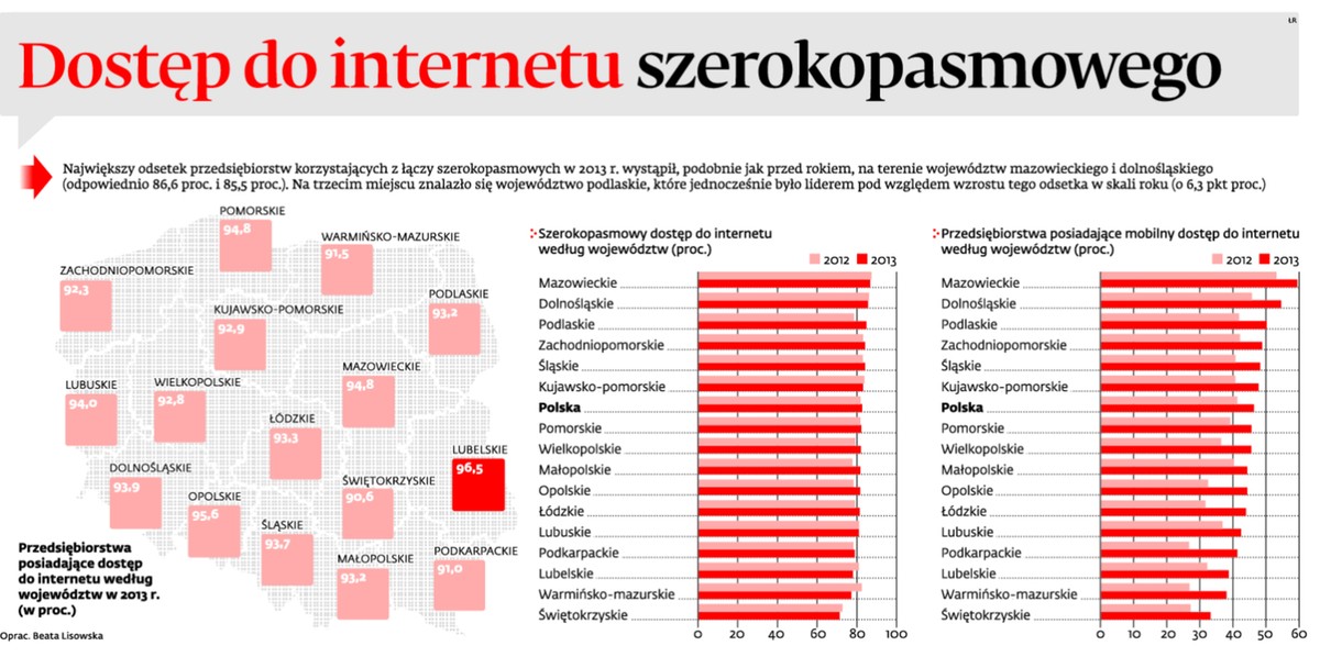 Przedsiębiorstwa posiadające dostęp do internetu szerokopasmowego według województw