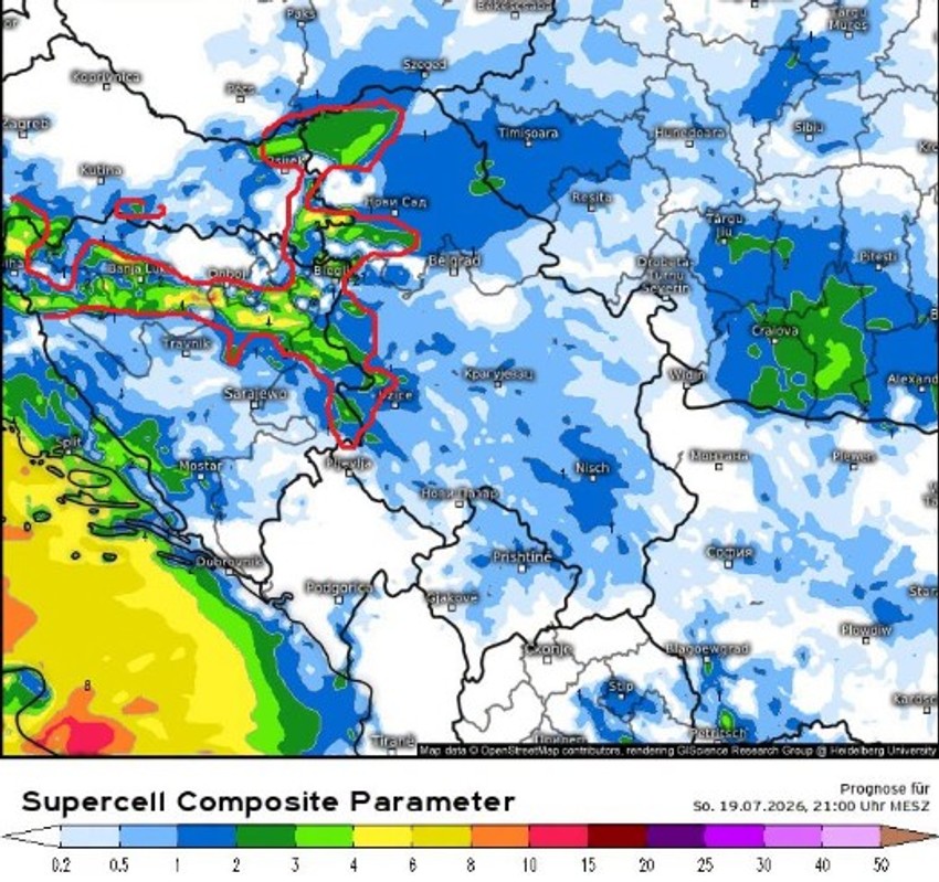 Na označenim predelima moguće su superćelijske oluje