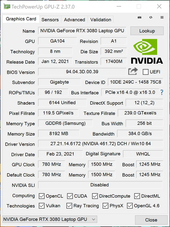 Gigabyte AERO 15 OLED (YC) – GPU-Z – specyfikacja dedykowanego układu graficznego