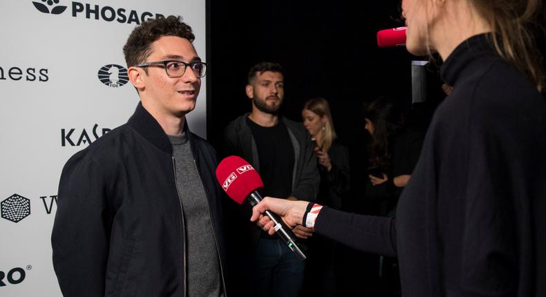 Fabiano Caruana at a press event before the 2018 World Chess Championship in London.