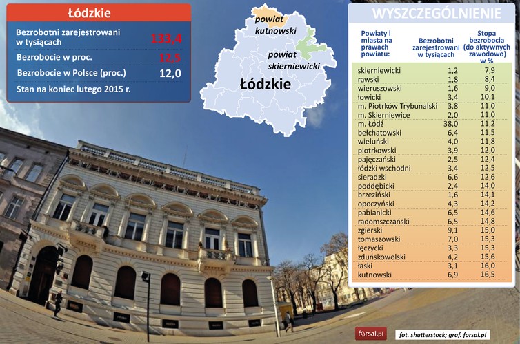 Łódź – niegdyś kolebka polskiego przemysłu włókienniczego, dziś nie najlepiej radzi sobie w rankingach bezrobocia. Stopa bezrobocia w tym mieście sięgała w lutym 11,2 proc., co zostawia Łódź daleko w tyle za największymi miastami Polski. W tej chwili w Łodzi swoje  siedziby mają m.in. takie firmy odzieżowe, jak Próchnik, Redan czy Monnari Trade. <br>Lepsze wskaźniki rynku pracy od Łodzi wśród miast w województwie notowały Piotrków Trybunalski i Skierniewice. Najniższą stopę bezrobocia w regionie notuje się w powiatach, które korzystają z bliskości stołecznego rynku pracy  - skierniewickim (7,9 proc.) i rawskim (8,4 proc.). <br>Jednym z największych pracodawców w regionie jest Elektrownia Bełchatów.  W ramach działającej tu Łódzkiej Specjalnej Strefy Ekonomicznej inwestują m.in.  Gillette, Indesit, Teka, Ceramika Tubądzin i Atlas. <br>Najgorsze warunki na rynku pracy w województwie łódzkim niezmiennie panują w powiatach łaskim i kutnowskim, gdzie stopa bezrobocia przekracza 16 proc. Choć w całym województwie stopa bezrobocia (12,5 proc.) przekracza średnią krajową, trzeba przyznać, że region ten jest pod tym względem dość jednolity, a pomiędzy poszczególnymi powiatami nie ma tak dużych rozbieżności, jak na przykład w przypadku woj. mazowieckiego.