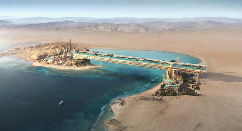 The future Equinox resort in Saudi Arabia will featurea suspended bridge over a local lagoon.Equinox Resort Treyam