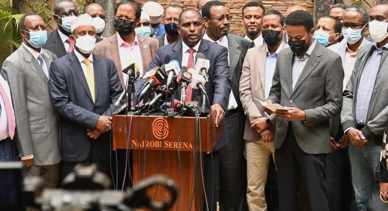 Treasury Cabinet Secretary Ukur Yatani with fellow politicians from the North Eastern region during a recent press address