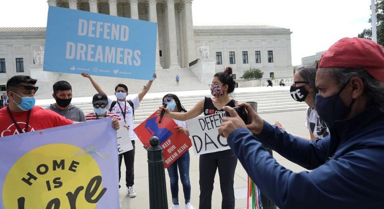Advocates for immigrants with Deferred Action for Childhood Arrivals, or DACA, rally in front of the U.S. Supreme Court June 15, 2020 in Washington, DC.