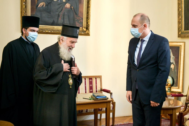 Patriarch Irinej and Zlatibor Loncar during yesterday's surat