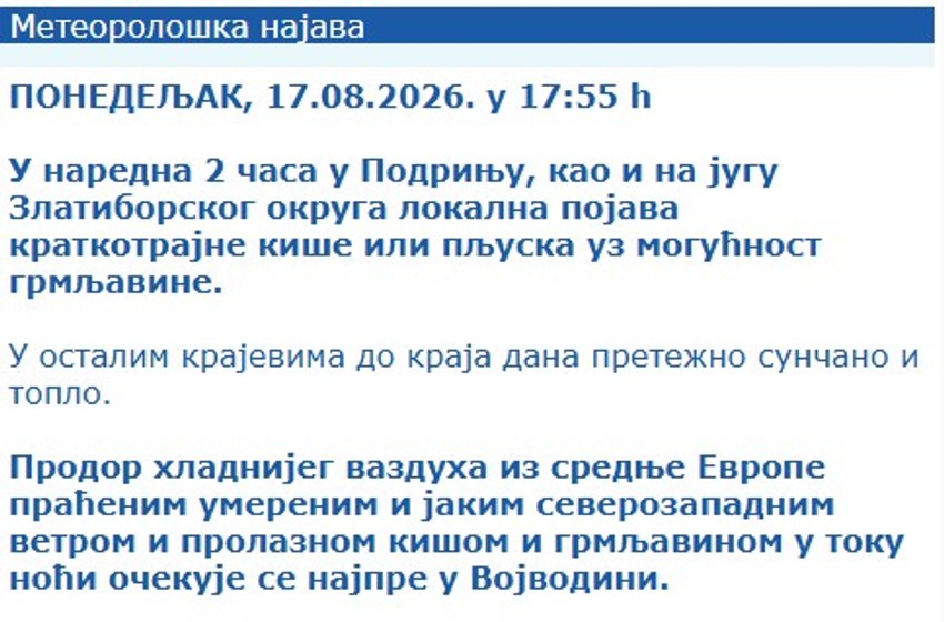 RHMZ, vreme za ponedeljak, 17. avgust