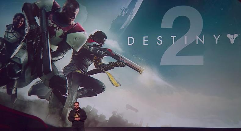 Luke Smith, game director on Destiny 2, introduces the game at Bungie's reveal event on May 18.