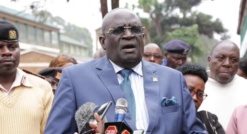 Education Cabinet Secretary Prof. George Magoha addresses the media after he commissioned new CBC phase two classroom at Don Bosco Ituru High School in Gatundu South, Kiambu County on August 5, 2022
