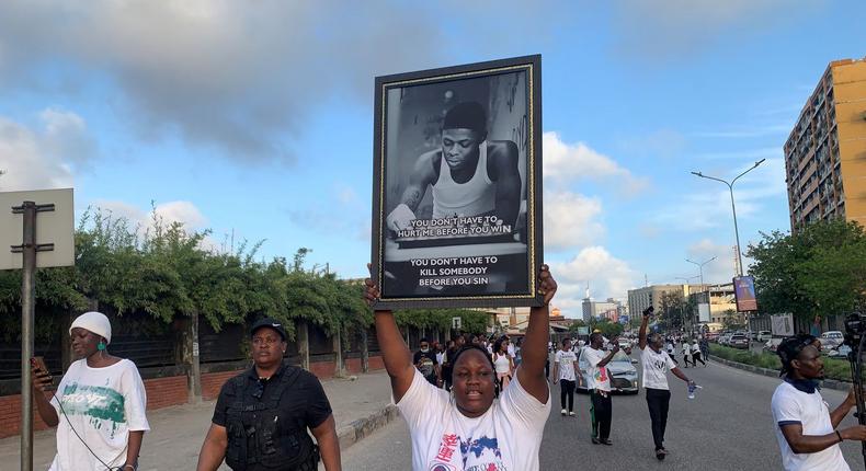 People gather to protest for justice over death of late Nigerian singer, Mohbad, in Lekki, Lagos, Nigeria September 21, 2023. REUTERS/Seun Sanni