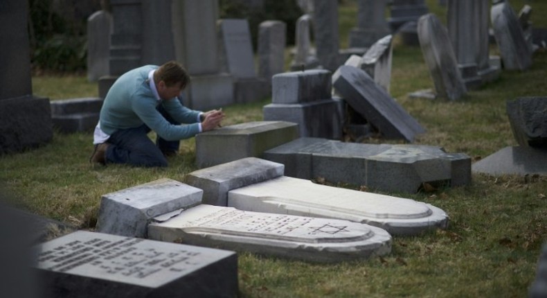 Vandalised Jewish tombstones at Mount Carmel Cemetery in Philadelphia, photographed on February 27, 2017