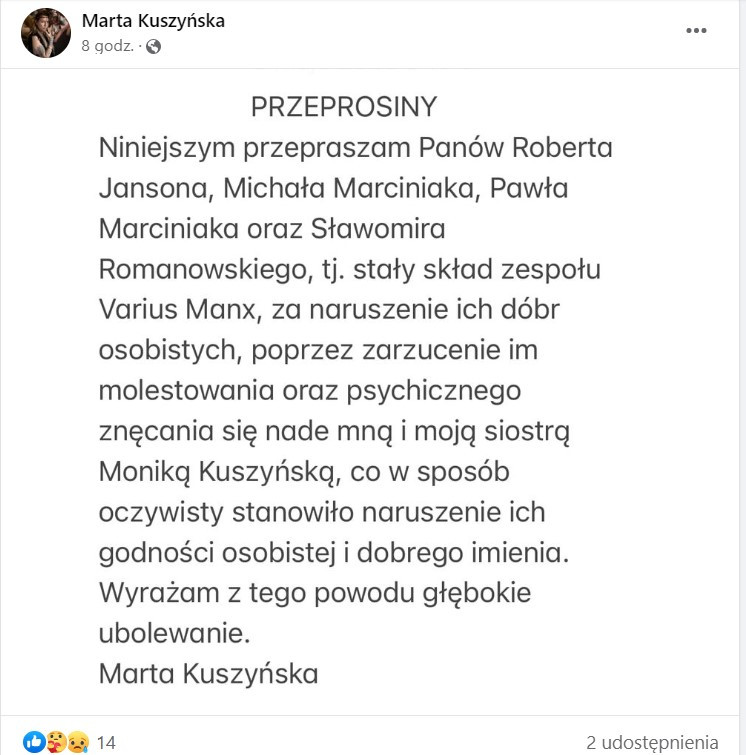 Post na profilu Marty Kuszyńskiej