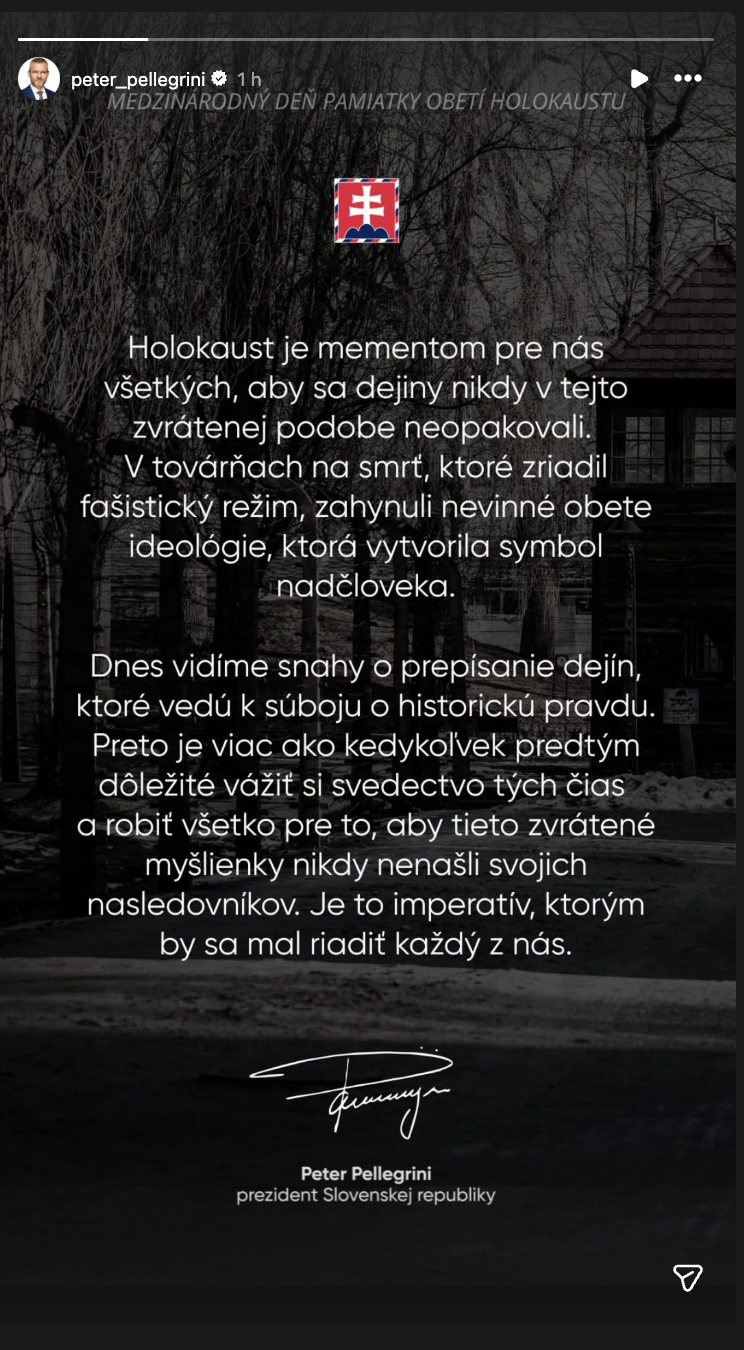 Prezident SR Peter Pellegrini si pripomenul Medzinárodný deň pamiatky obetí holokaustu.