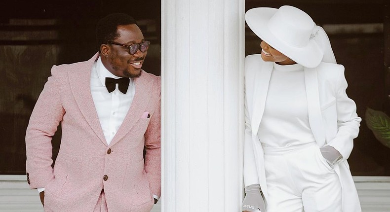 Temilade Salami chose to wear a suit for her white wedding to [Instagram/temiladesalami]