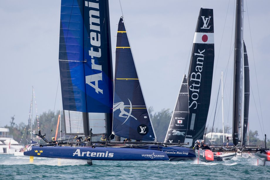 Artemis Racing, SoftBank Team Japan, and Cup Defender Oracle Team USA scrimmaging in Bermuda.