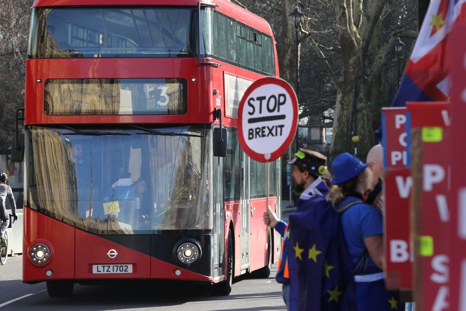 Zwolennicy i przeciwnicy brexitu demonstrują w poblliżu parlamentu. Londyn, 14 lutego 2019 r.