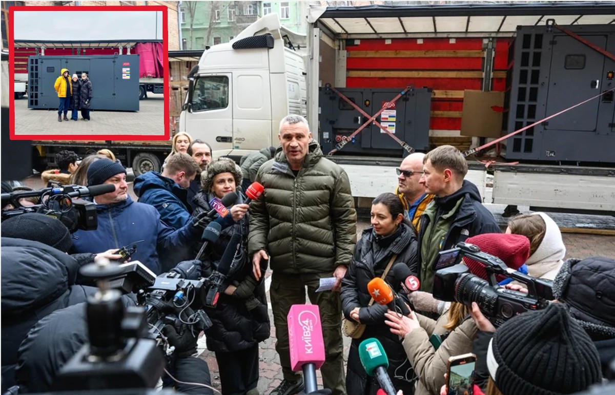 Mer Kijowa wita generatory dostarczone z Polski. Na małym zdjęciu organizatorzy akcji.