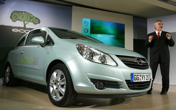 GM's Adam Opel AG Chief Executive Officer Hans Demant presents the "eco-flex" version of Opel's Corsa automobile at a press conference in Berlin,