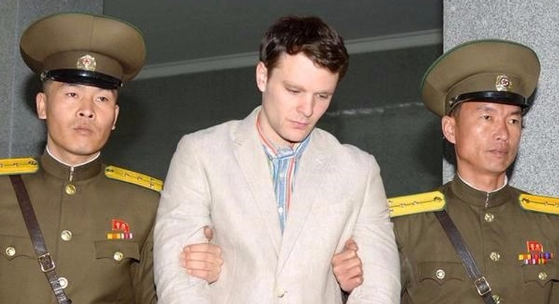 Otto Frederick Warmbier, a University of Virginia student who was detained in North Korea since early January, is taken to North Korea's top court in Pyongyang, North Korea