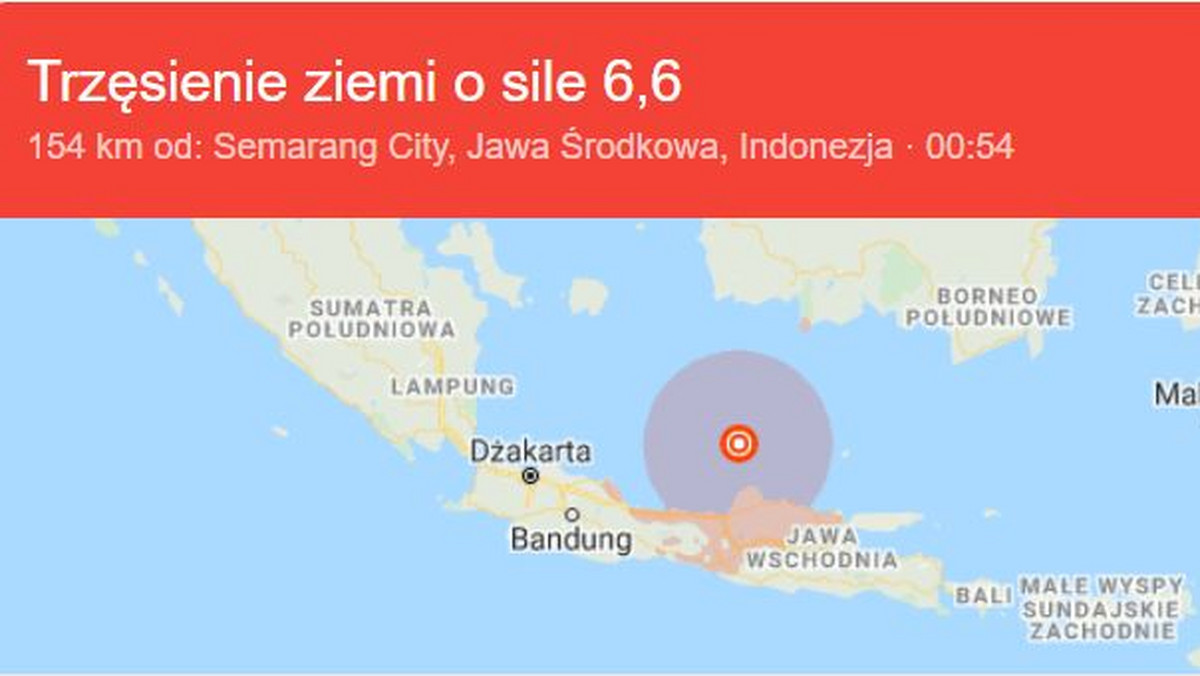 Trzęsienie ziemi o magnitudzie 6,6 st. wystąpiło pod dnem morskim u wybrzeży indonezyjskiej wyspy Jawa - poinformowała amerykańska Służba Geofizyczna (USGS). Nie ma informacji o ofiarach lub zniszczeniach.