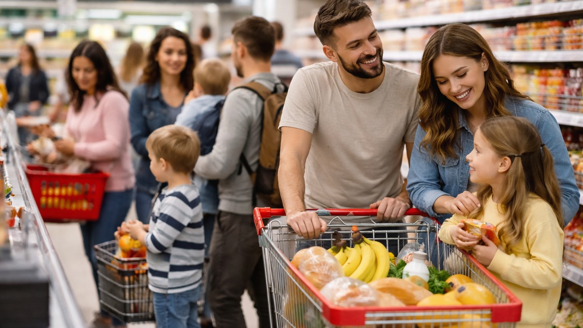 Roditelji sa decom u supermarketu