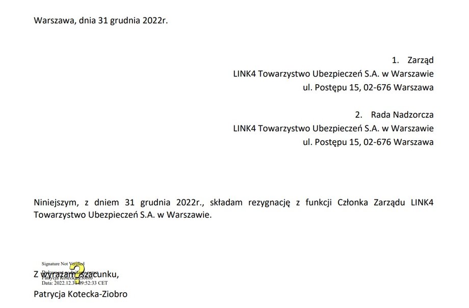 Zdjęcie rezygnacji złożonej przez Patrycję Kotecką z zasiadania w zarządzie Link4 z akt spółki w KRS