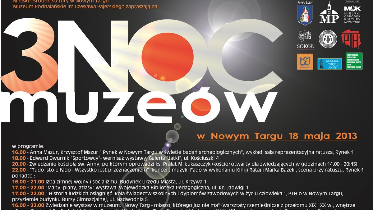 Miejski Ośrodek Kultury w Nowym Targu, Muzeum Podhalańskie im. Cz. Pajerskiego zapraszają na 3 NOC MUZEÓW  w Nowym Targu w dniu 18 maja 2013