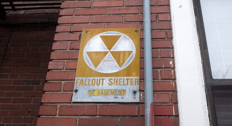 A sign for a nuclear fallout shelter outside a residential block in Brooklyn.