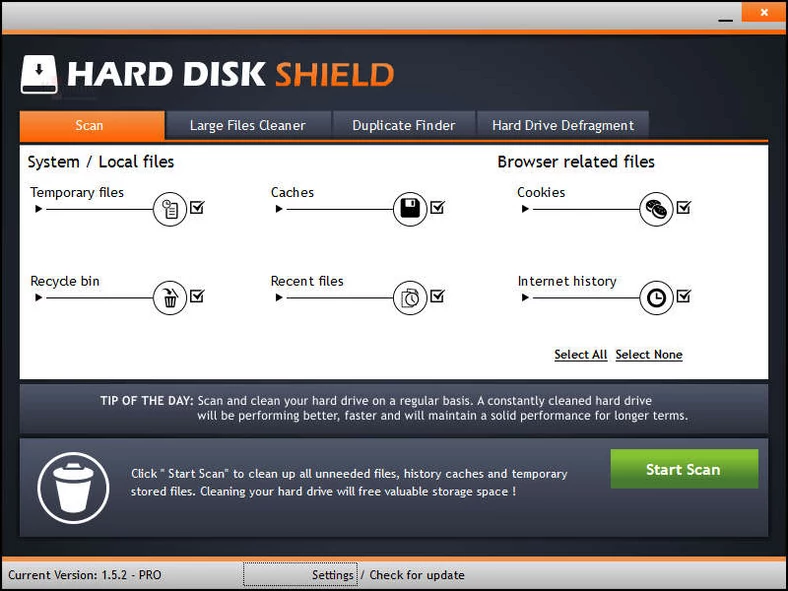 Główne okno programu do optymalizacji dyków HDD - Hard Disk Shield