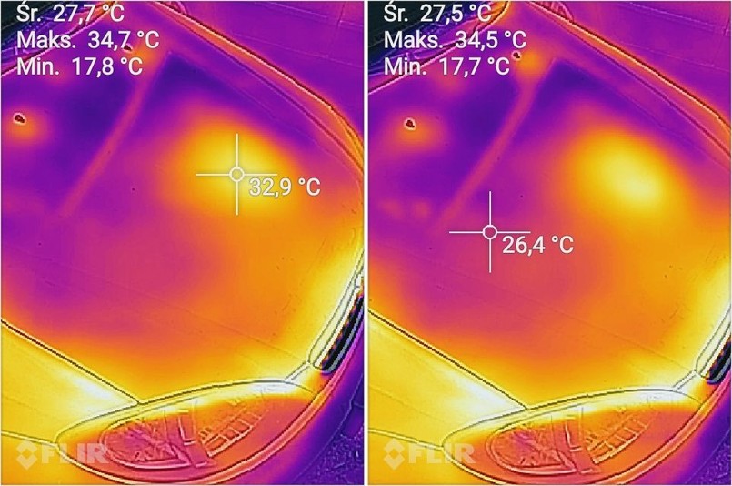 Różna temperatura zależnie od punktu samochodu. Zdjęcia zrobione kamerą termowizyjną w aparacie CAT S60