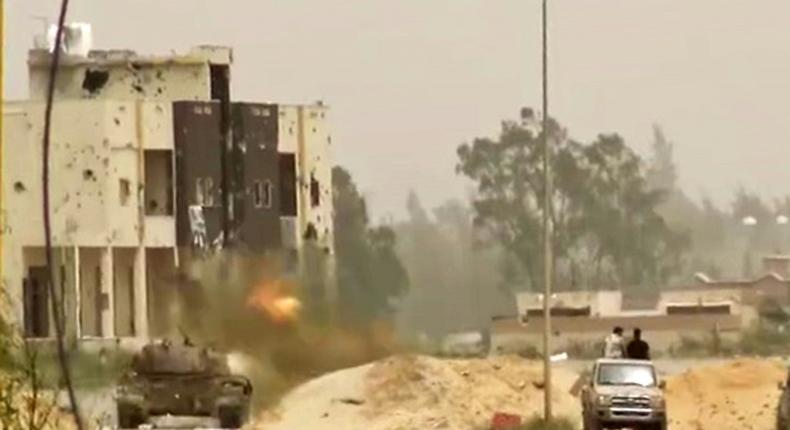 A tank in clashes on the outskirts of the Libyan capital Tripoli