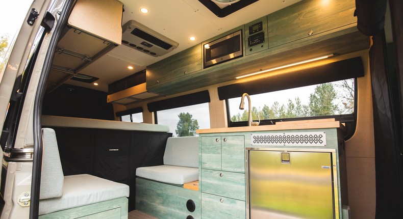 The ceiling is Sileather, a faux leather made of silicone, according to Material District. Outside Vans claims Sileather is easy to clean and durable.