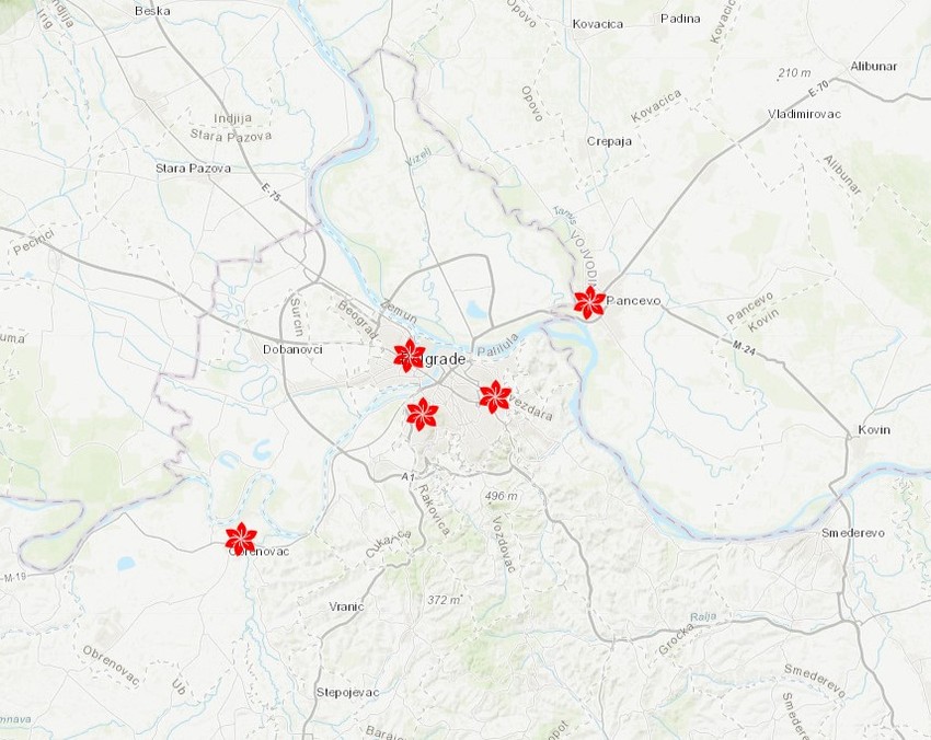 Mapa -- srednje vrednosti ambrozije u Beogradu