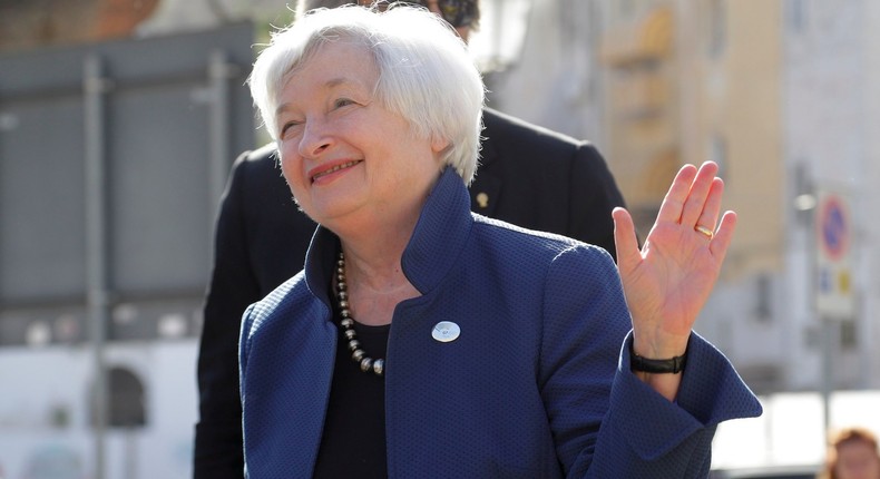 Federal Reserve Chair Janet Yellen arrives on the last day of a G7 of Finance ministers, in Bari, southern Italy, Saturday, May 13, 2017.