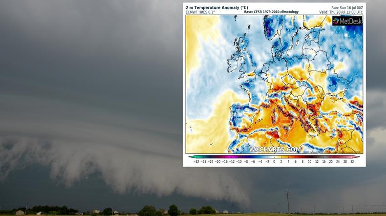 W kolejnych dniach przez Polskę przejdą silne burze po których solidnie się ochłodzi (mapa: wxcharts.com)