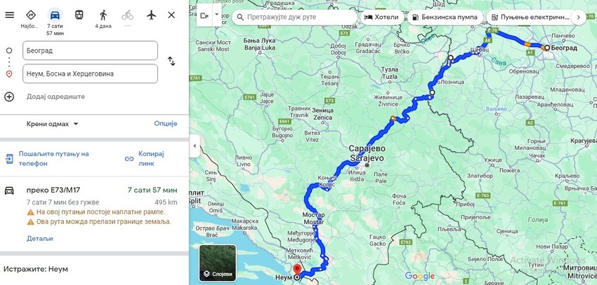 Za put od Beograda do Neuma, Gugl "bira" ovu varijantu